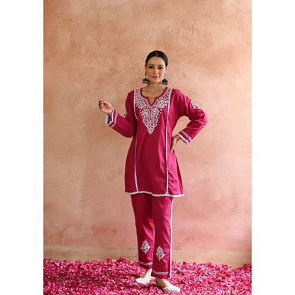 House of Chikankari Azmi Chikankari Cotton Straight Short Kurta - Pink (Set of 2)