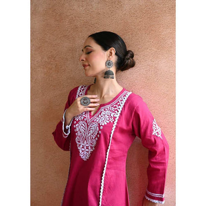 House of Chikankari Azmi Chikankari Cotton Straight Short Kurta - Pink (Set of 2)