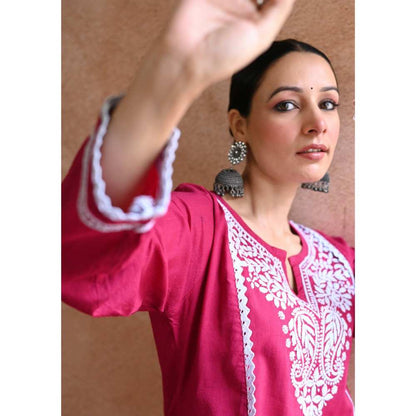 House of Chikankari Azmi Chikankari Cotton Straight Short Kurta - Pink (Set of 2)