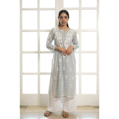 House of Chikankari Lana Chikankari Mulmul Straight Kurta - Grey