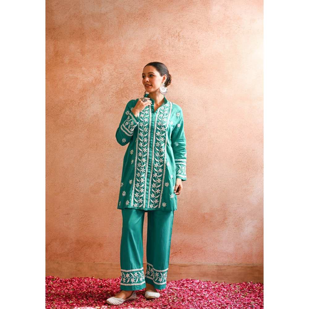 House of Chikankari Iram Chikankari Cotton Short Kurta - Teal (Set of 2)