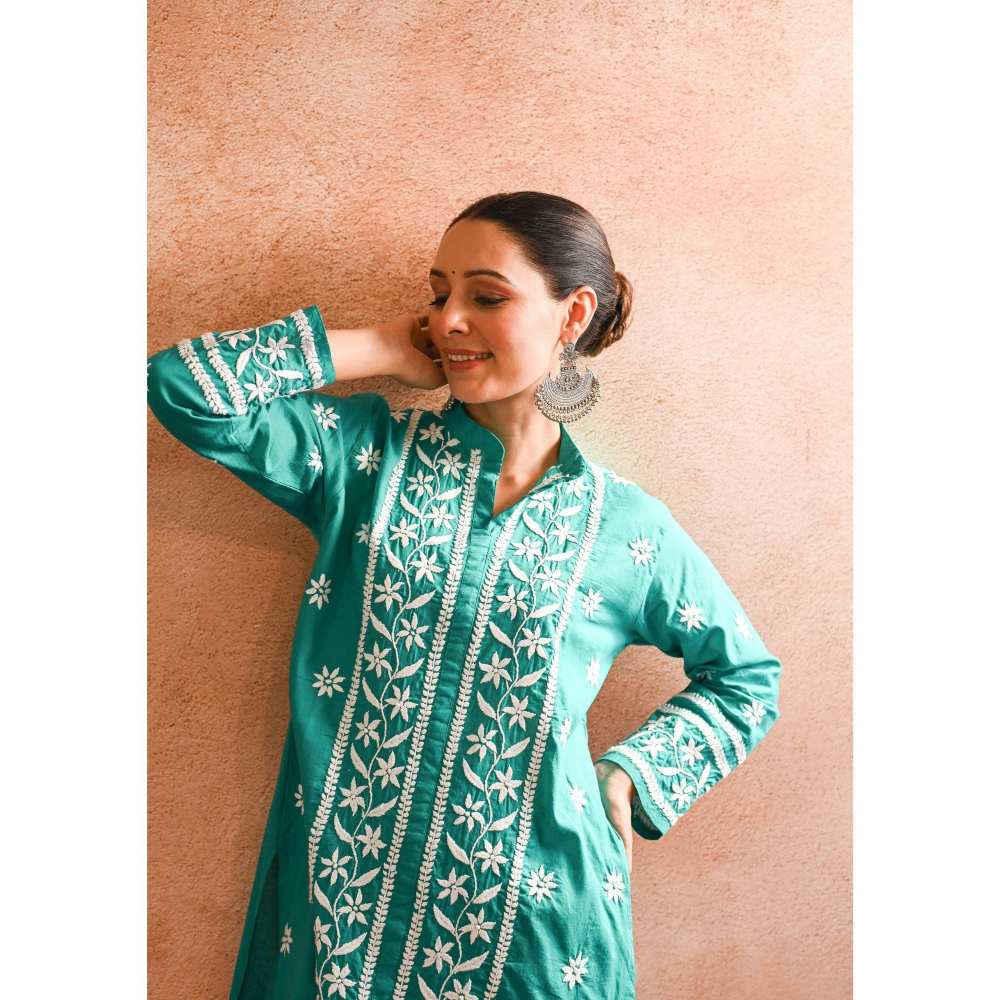 House of Chikankari Iram Chikankari Cotton Short Kurta - Teal (Set of 2)