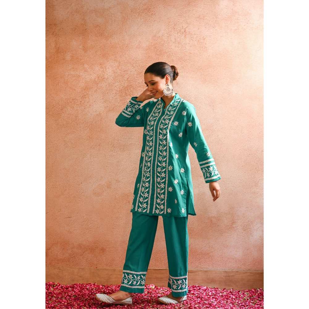 House of Chikankari Iram Chikankari Cotton Short Kurta - Teal (Set of 2)