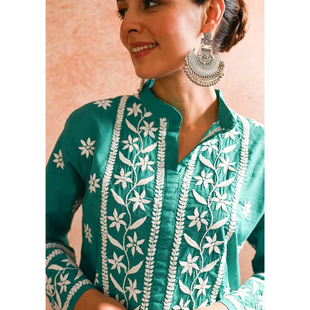 House of Chikankari Iram Chikankari Cotton Short Kurta - Teal (Set of 2)