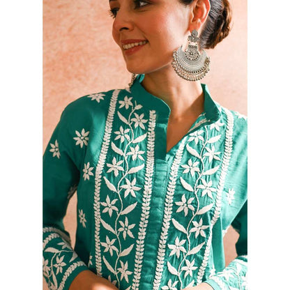 House of Chikankari Iram Chikankari Cotton Short Kurta - Teal (Set of 2)