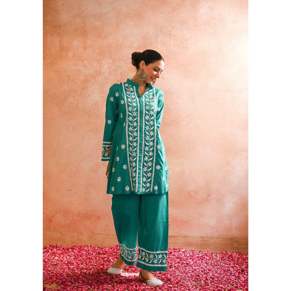 House of Chikankari Iram Chikankari Cotton Short Kurta - Teal (Set of 2)