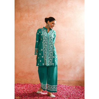 House of Chikankari Iram Chikankari Cotton Short Kurta - Teal (Set of 2)