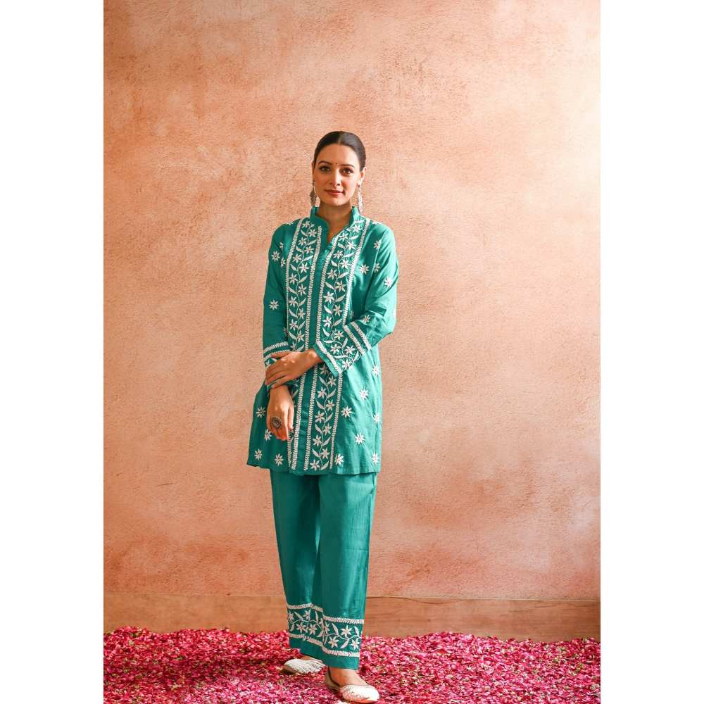 House of Chikankari Iram Chikankari Cotton Short Kurta - Teal (Set of 2)