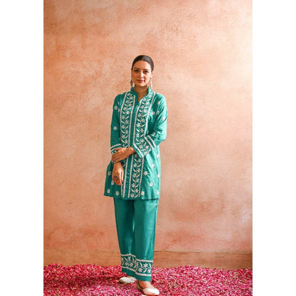 House of Chikankari Iram Chikankari Cotton Short Kurta - Teal (Set of 2)