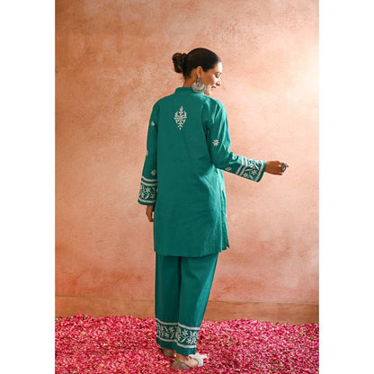 House of Chikankari Iram Chikankari Cotton Short Kurta - Teal (Set of 2)