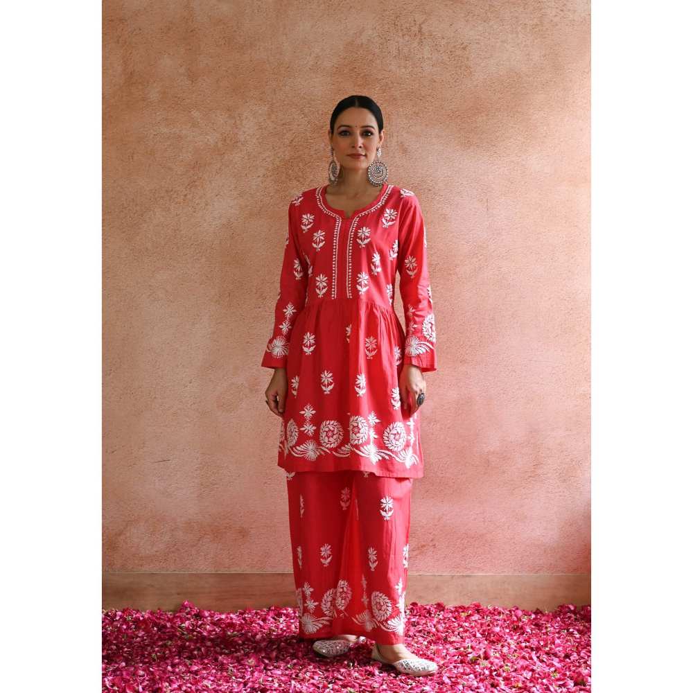 House of Chikankari Hoor Chikankari Cotton Short Kurta - Red (Set of 2)
