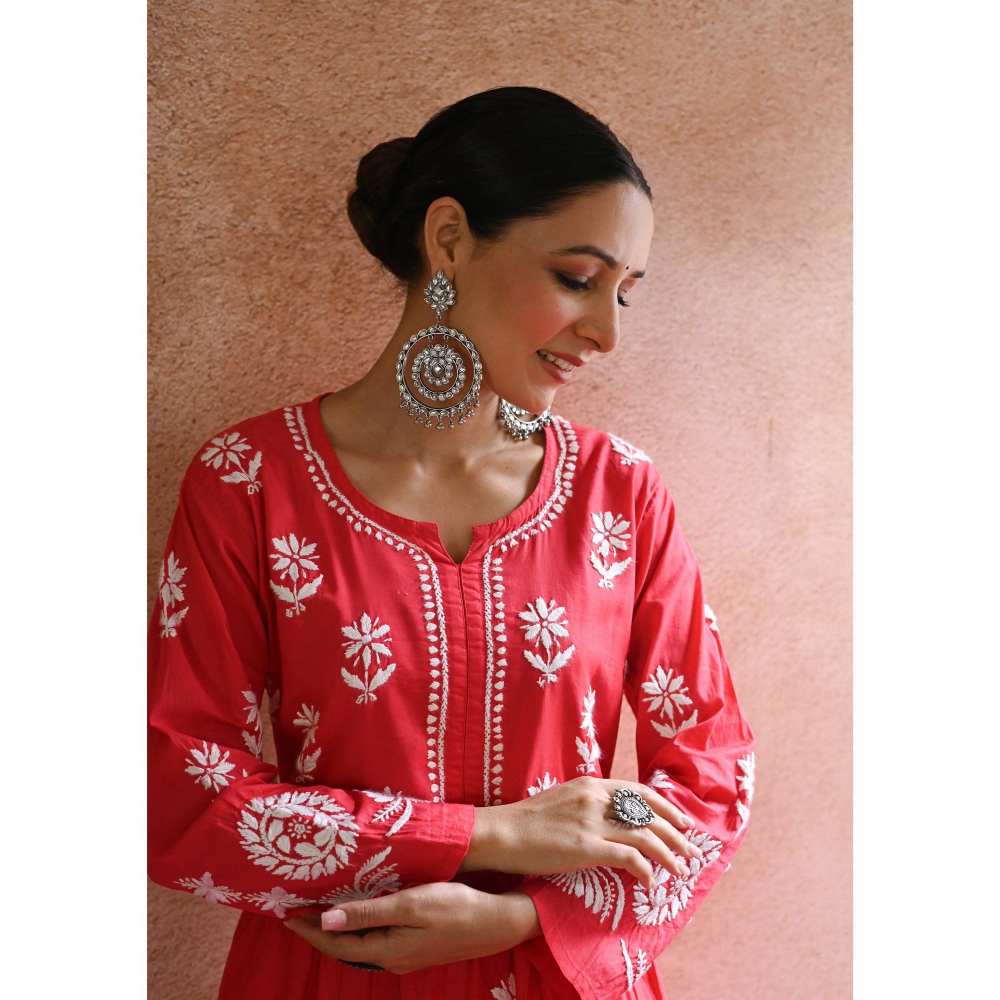House of Chikankari Hoor Chikankari Cotton Short Kurta - Red (Set of 2)
