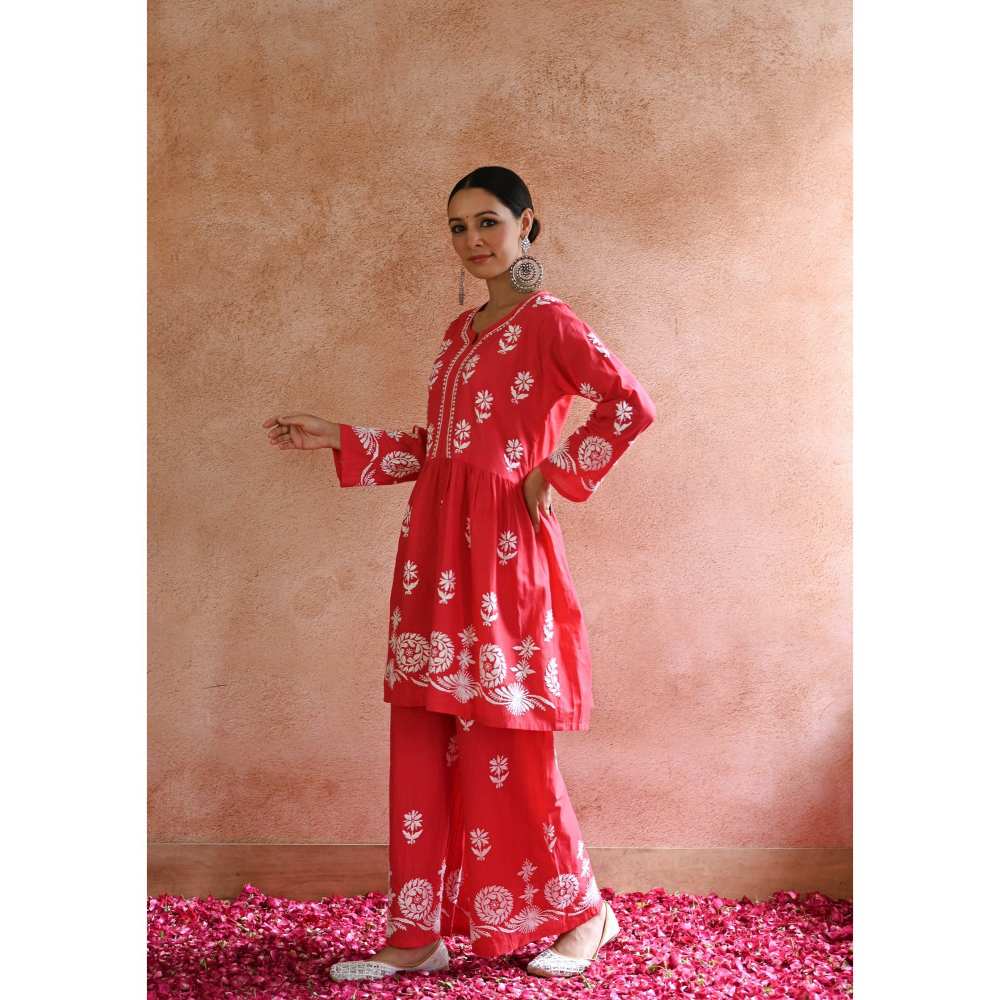 House of Chikankari Hoor Chikankari Cotton Short Kurta - Red (Set of 2)