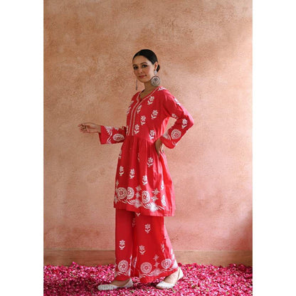House of Chikankari Hoor Chikankari Cotton Short Kurta - Red (Set of 2)