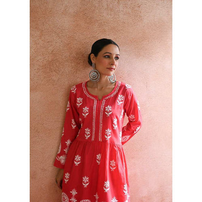 House of Chikankari Hoor Chikankari Cotton Short Kurta - Red (Set of 2)