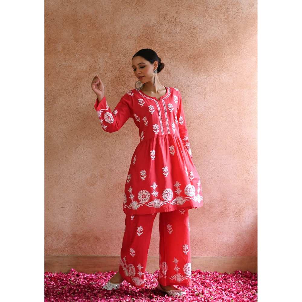 House of Chikankari Hoor Chikankari Cotton Short Kurta - Red (Set of 2)