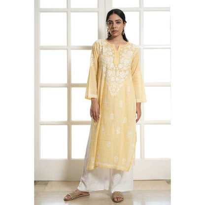 House of Chikankari Lana Chikankari Mulmul Straight Kurta - Yellow