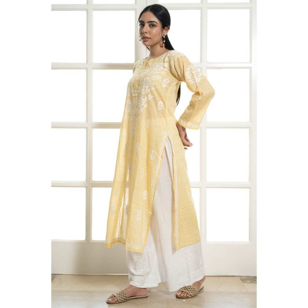 House of Chikankari Lana Chikankari Mulmul Straight Kurta - Yellow