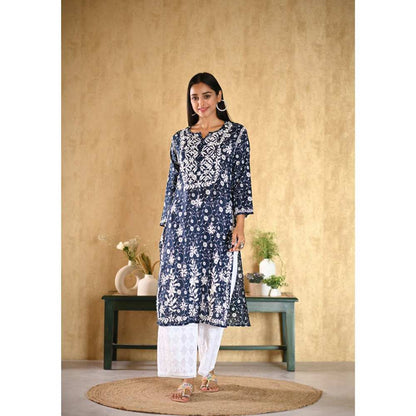 House of Chikankari Nur Chikankari Mulmul Straight Kurta - Navy Blue