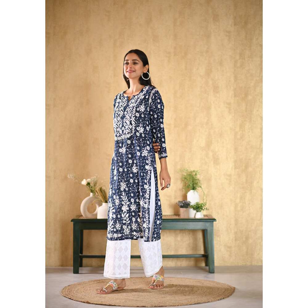 House of Chikankari Nur Chikankari Mulmul Straight Kurta - Navy Blue