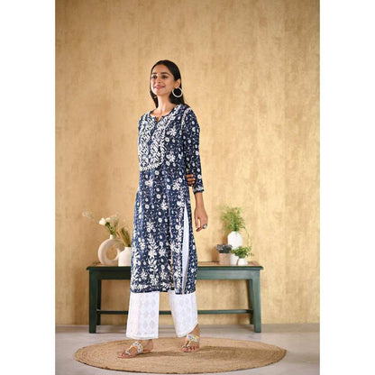 House of Chikankari Nur Chikankari Mulmul Straight Kurta - Navy Blue