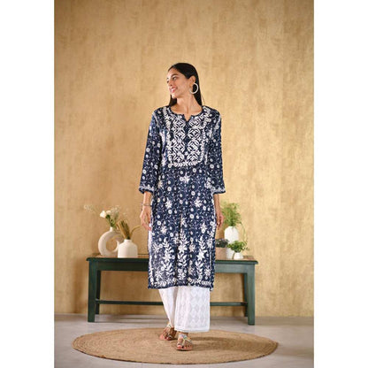 House of Chikankari Nur Chikankari Mulmul Straight Kurta - Navy Blue