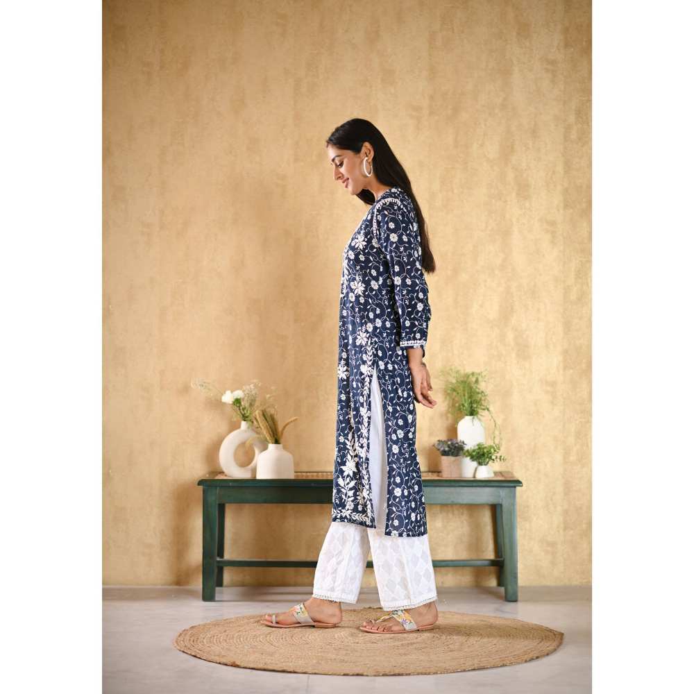 House of Chikankari Nur Chikankari Mulmul Straight Kurta - Navy Blue