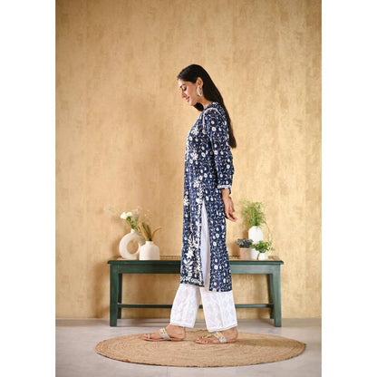 House of Chikankari Nur Chikankari Mulmul Straight Kurta - Navy Blue