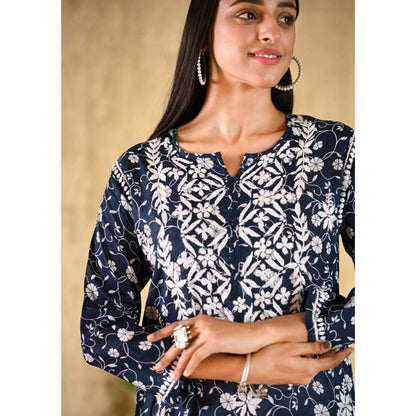 House of Chikankari Nur Chikankari Mulmul Straight Kurta - Navy Blue