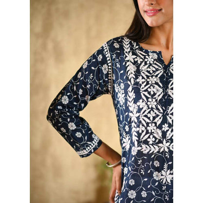 House of Chikankari Nur Chikankari Mulmul Straight Kurta - Navy Blue