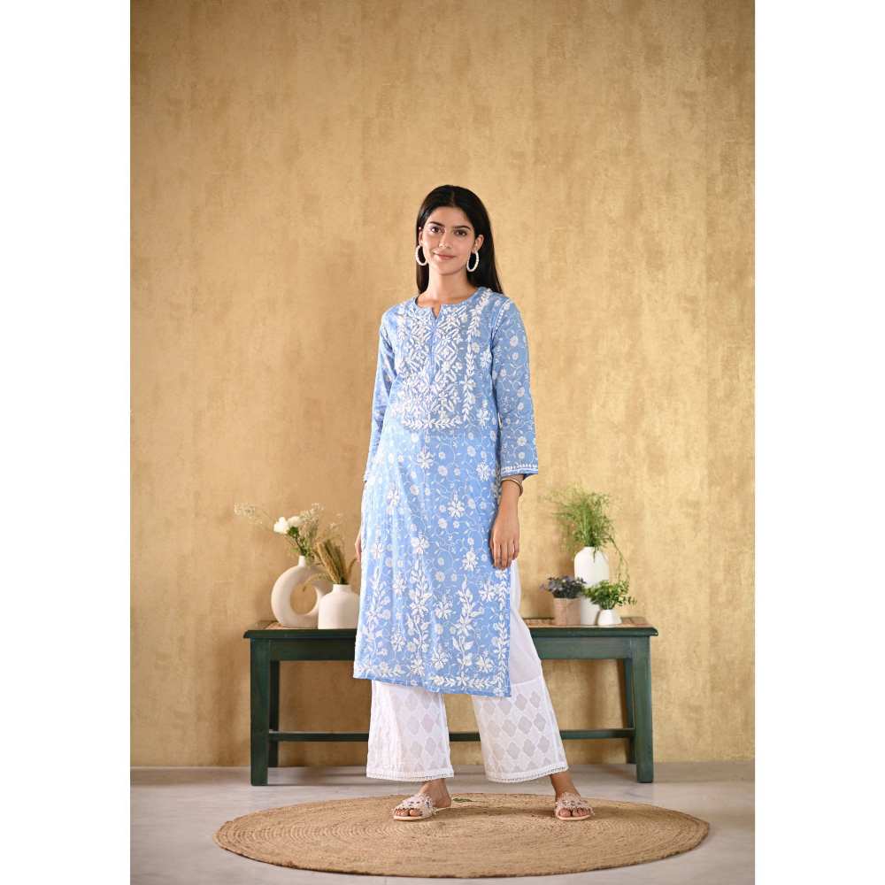 House of Chikankari Nur Chikankari Mulmul Straight Kurta - Blue