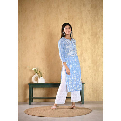 House of Chikankari Nur Chikankari Mulmul Straight Kurta - Blue