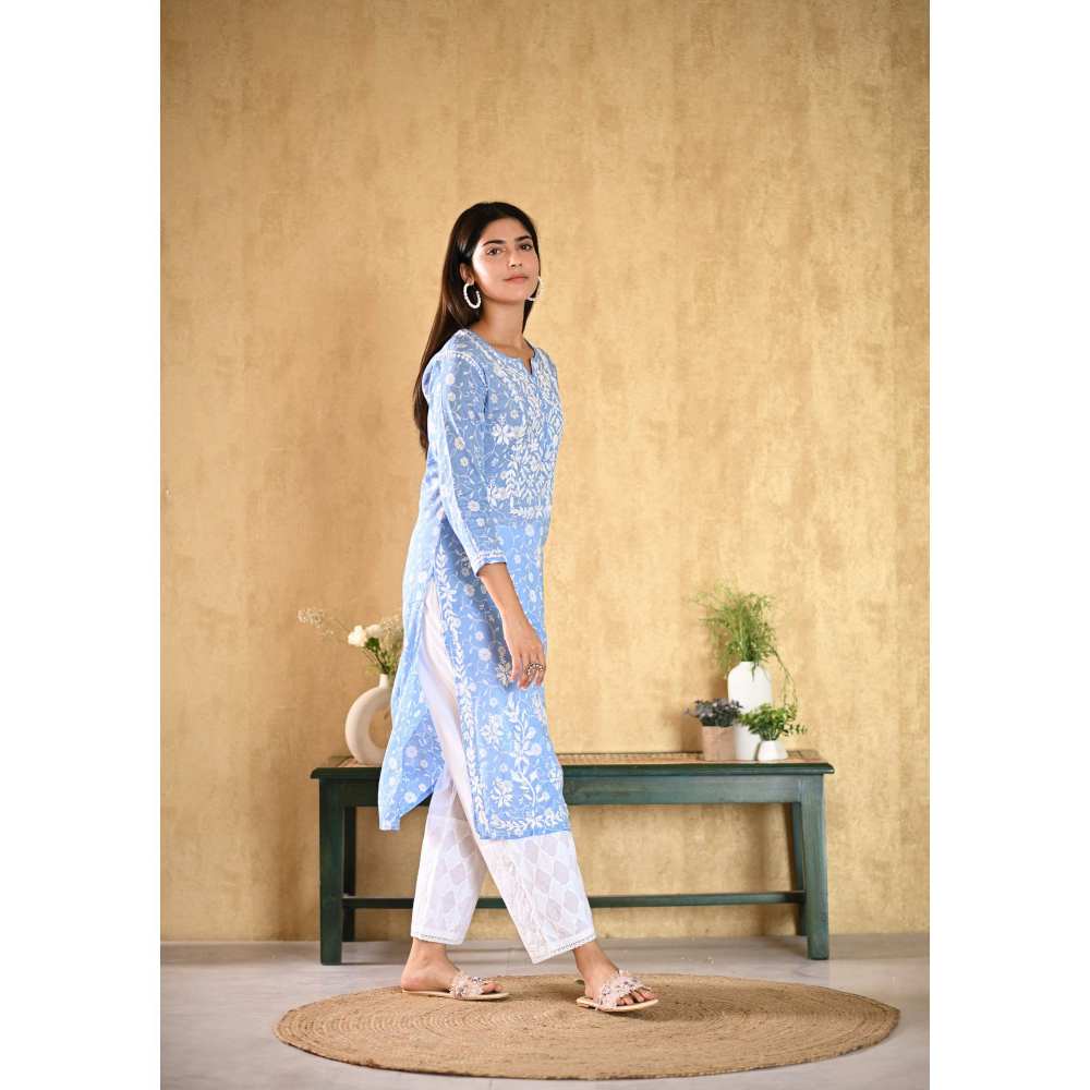 House of Chikankari Nur Chikankari Mulmul Straight Kurta - Blue