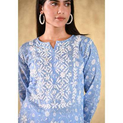 House of Chikankari Nur Chikankari Mulmul Straight Kurta - Blue