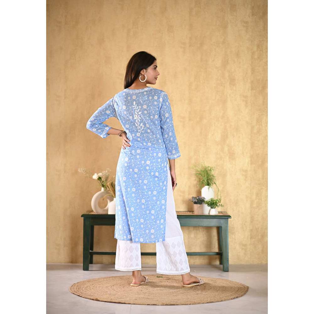 House of Chikankari Nur Chikankari Mulmul Straight Kurta - Blue