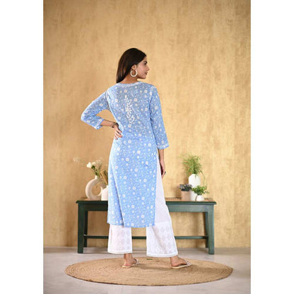 House of Chikankari Nur Chikankari Mulmul Straight Kurta - Blue
