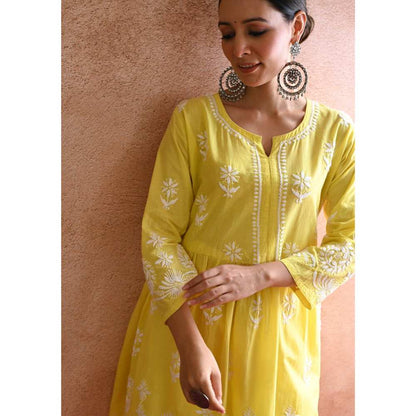 House of Chikankari Hoor Chikankari Cotton Short Kurta - Yellow (Set of 2)