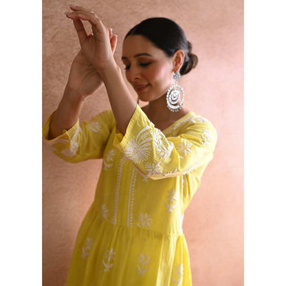 House of Chikankari Hoor Chikankari Cotton Short Kurta - Yellow (Set of 2)