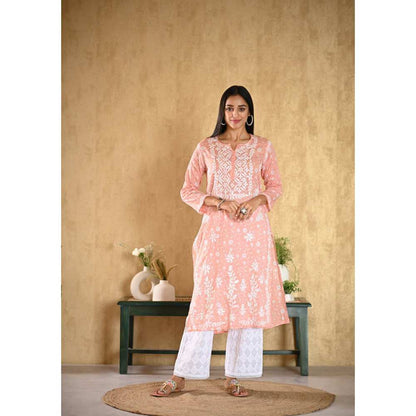 House of Chikankari Nur Chikankari Mulmul Straight Kurta - Peach
