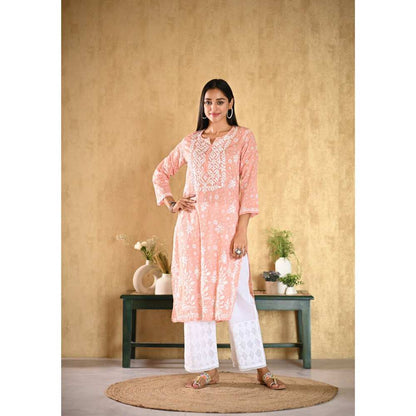 House of Chikankari Nur Chikankari Mulmul Straight Kurta - Peach