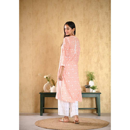 House of Chikankari Nur Chikankari Mulmul Straight Kurta - Peach