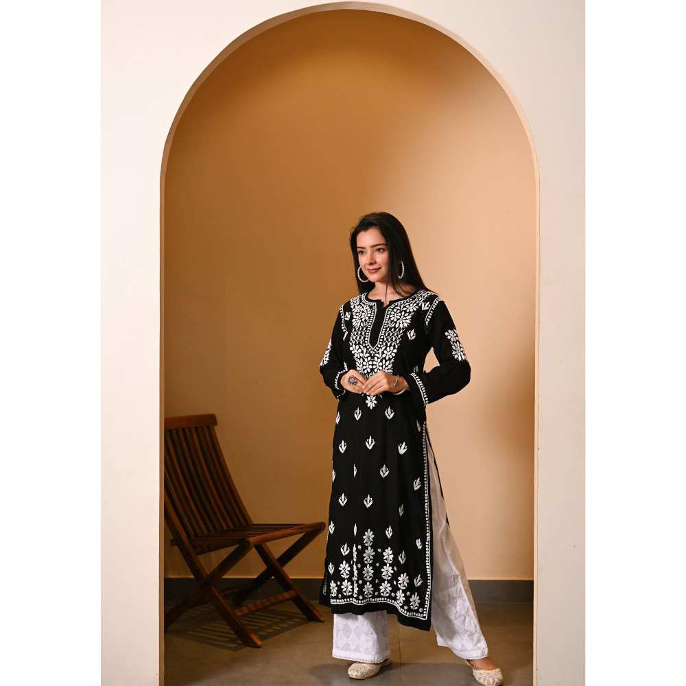House of Chikankari Eshal Chikankari Modal Straight Kurta - Black