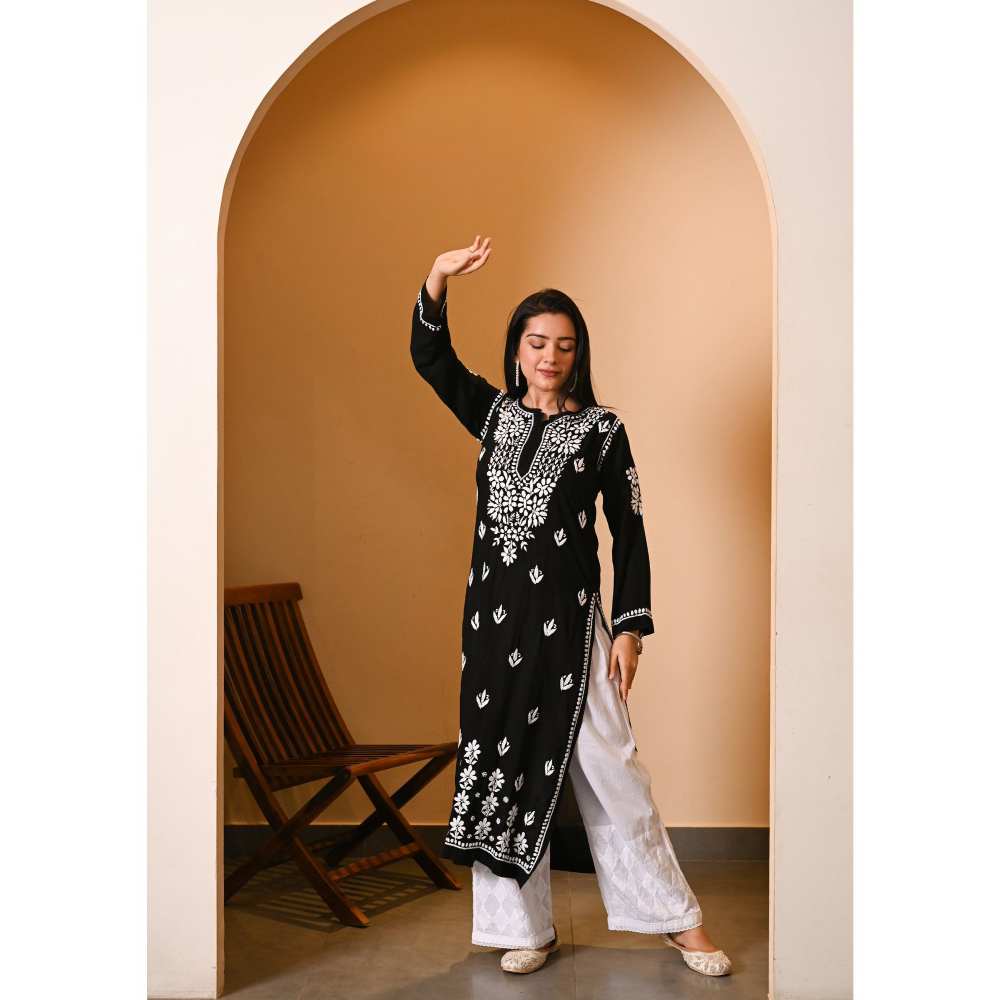 House of Chikankari Eshal Chikankari Modal Straight Kurta - Black