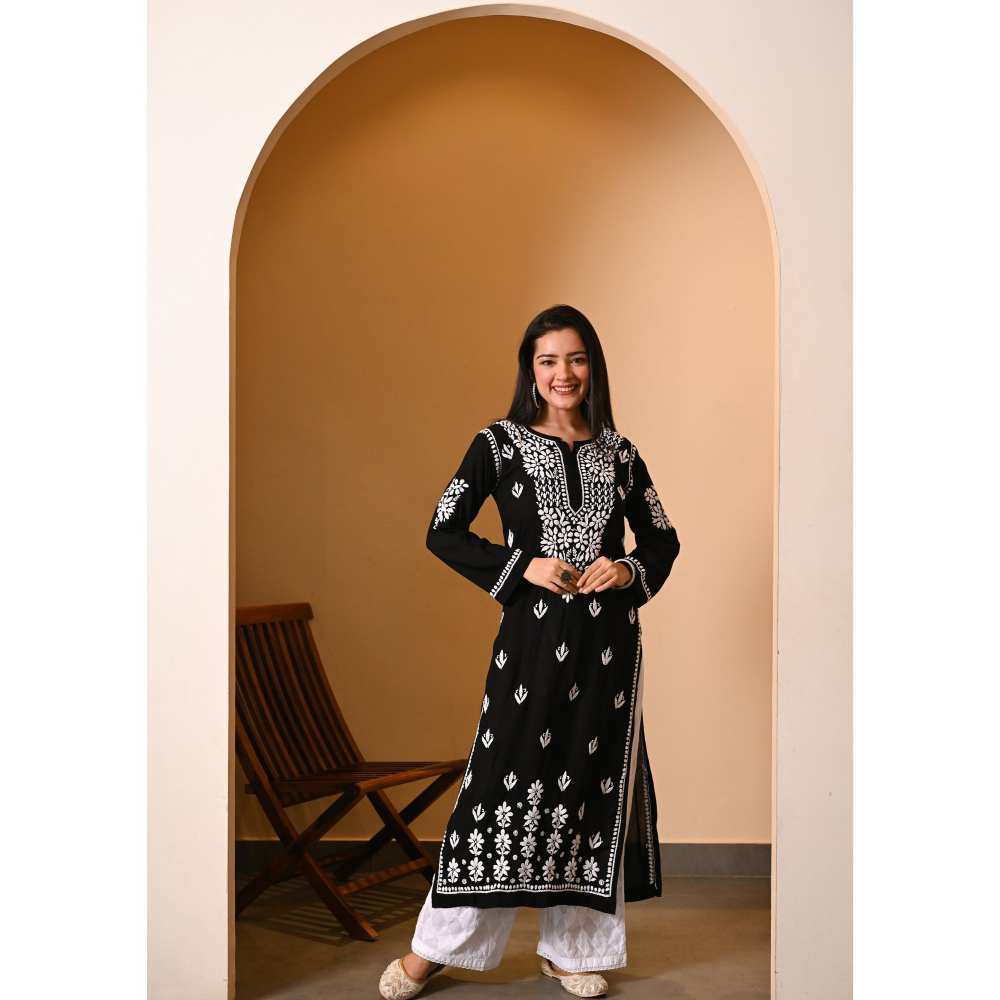 House of Chikankari Eshal Chikankari Modal Straight Kurta - Black