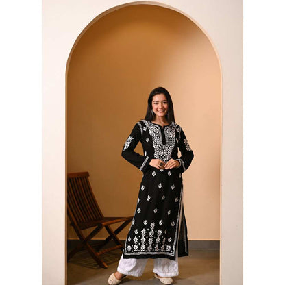 House of Chikankari Eshal Chikankari Modal Straight Kurta - Black
