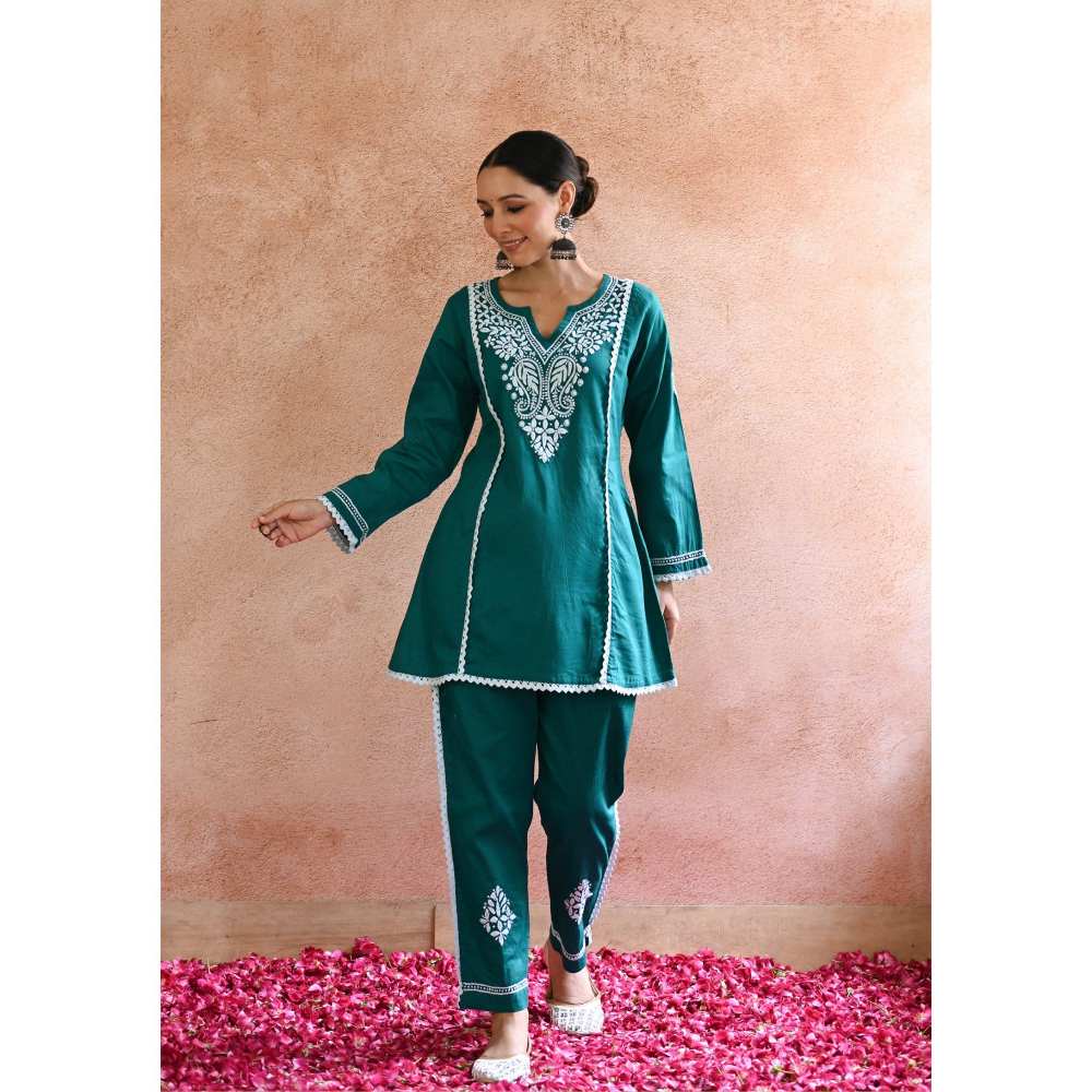 House of Chikankari Azmi Chikankari Cotton Straight Short Kurta - Teal (Set of 2)