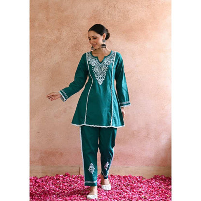House of Chikankari Azmi Chikankari Cotton Straight Short Kurta - Teal (Set of 2)