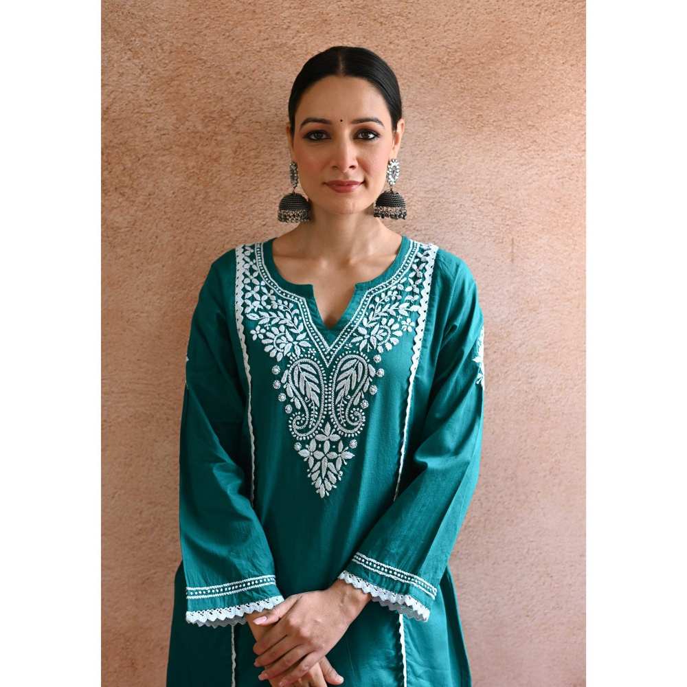 House of Chikankari Azmi Chikankari Cotton Straight Short Kurta - Teal (Set of 2)