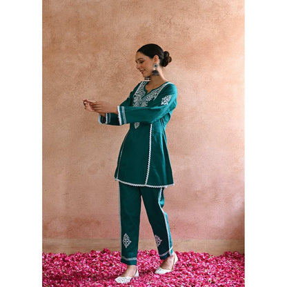 House of Chikankari Azmi Chikankari Cotton Straight Short Kurta - Teal (Set of 2)
