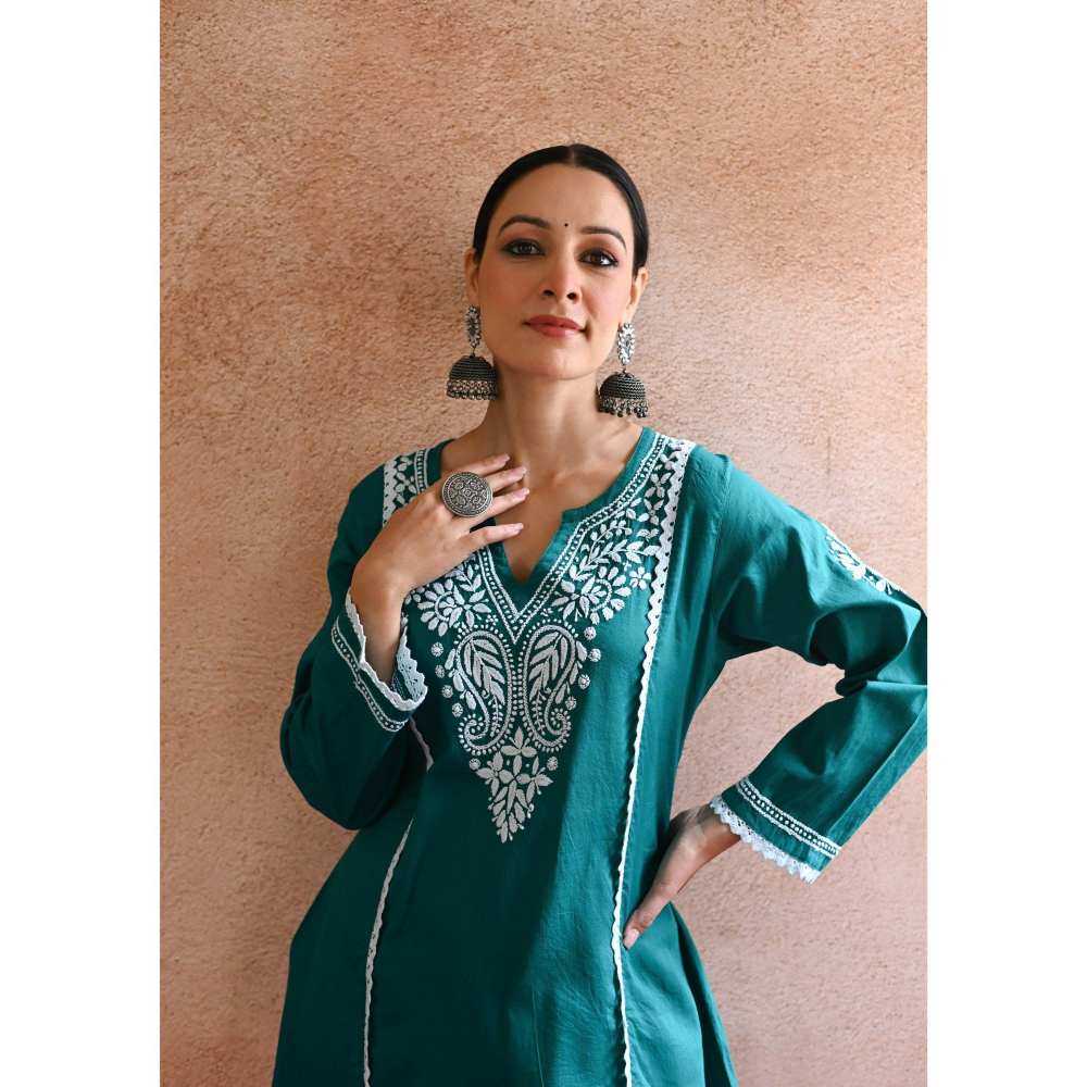 House of Chikankari Azmi Chikankari Cotton Straight Short Kurta - Teal (Set of 2)